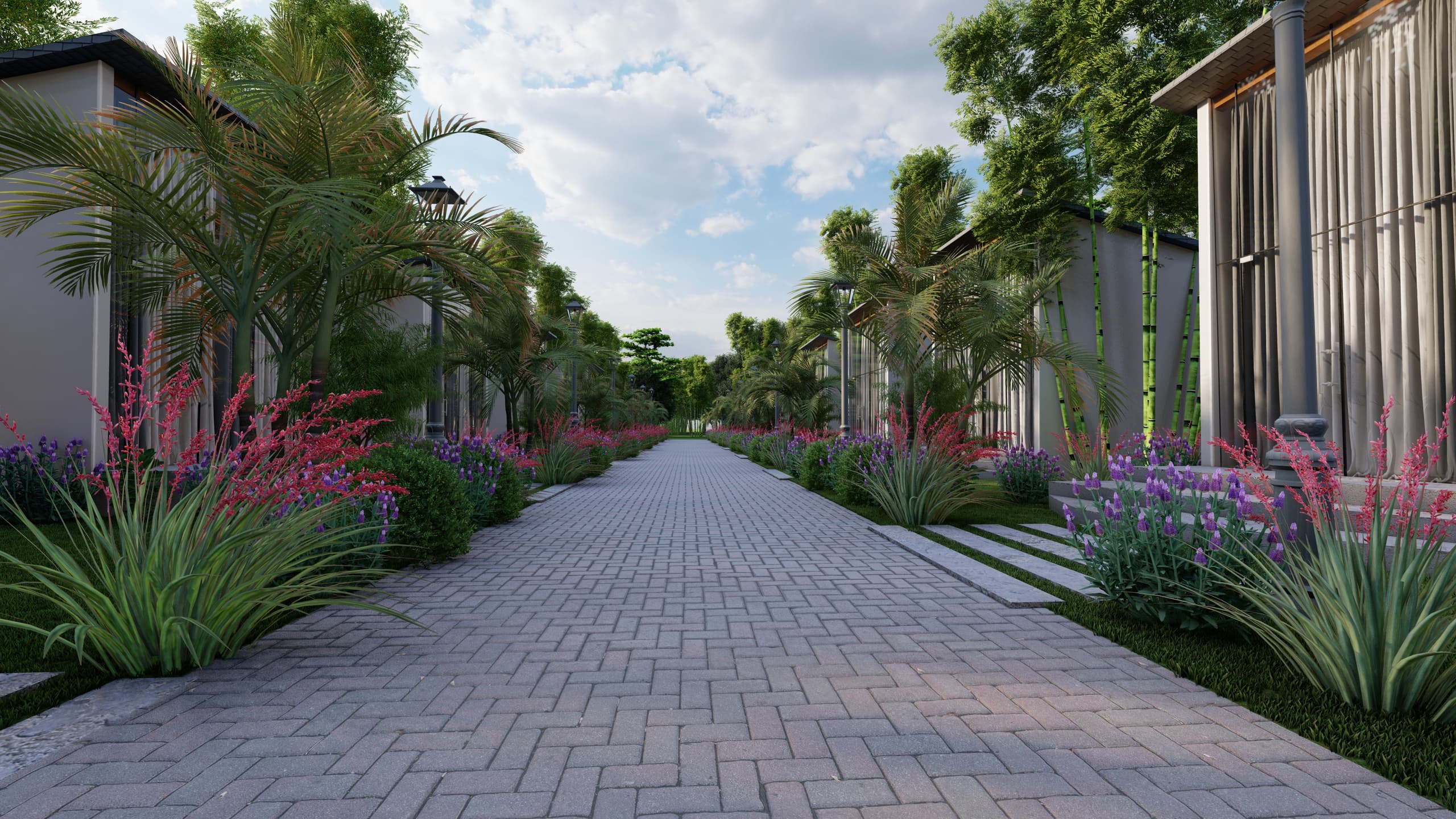 Paved Walkway with Potted Lavender